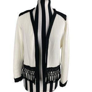 Chico's Winter White w/ Black Fringe Accent Thick Cardigan Sweater Jacket 0 XS